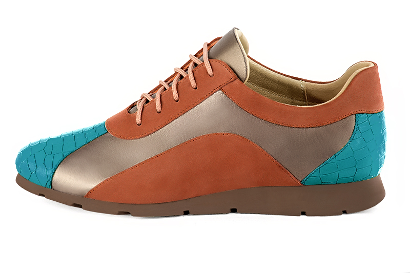 Turquoise blue, tan beige and terracotta orange women's three-tone elegant sneakers. Round toe. Flat rubber soles. Profile view - Florence KOOIJMAN